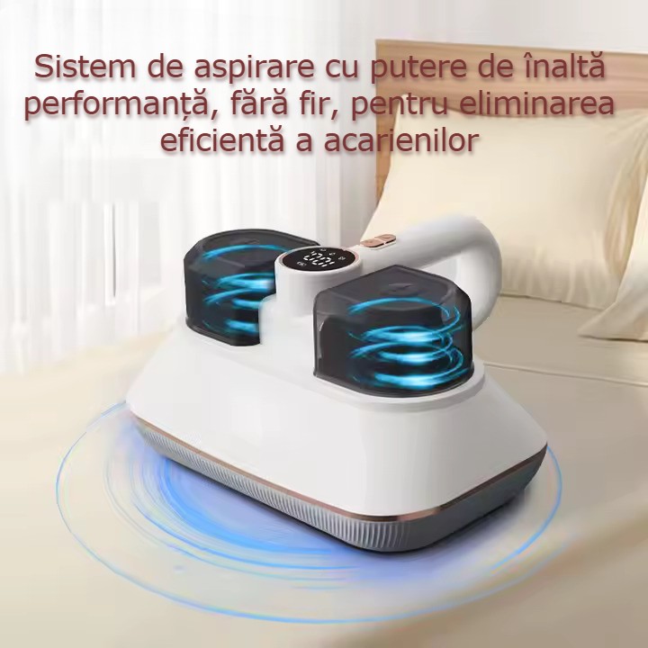 Aspirator Anti-Acarieni UV-C, Tehnologie Avansata, Filtrare HEPA, Putere Mare de Aspirare, Ultrasunete pentru Curatare Profunda a Saltelelor, Eliminand Acarienii, Bacteriile, Alergenii, Design Ergonomic, Siguranta Garantata, Functionare Fara Fir