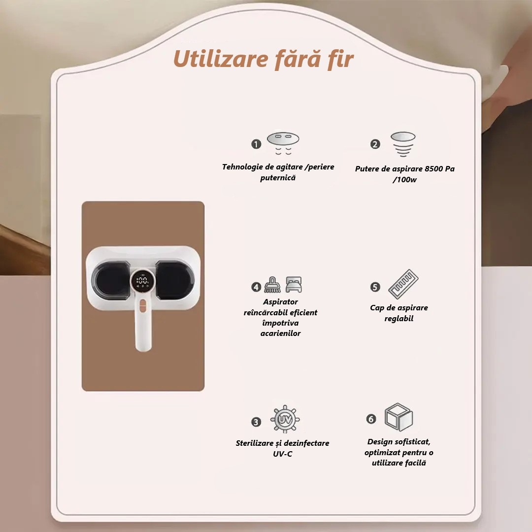 Aspirator Anti-Acarieni UV-C, Tehnologie Avansata, Filtrare HEPA, Putere Mare de Aspirare, Ultrasunete pentru Curatare Profunda a Saltelelor, Eliminand Acarienii, Bacteriile, Alergenii, Design Ergonomic, Siguranta Garantata, Functionare Fara Fir