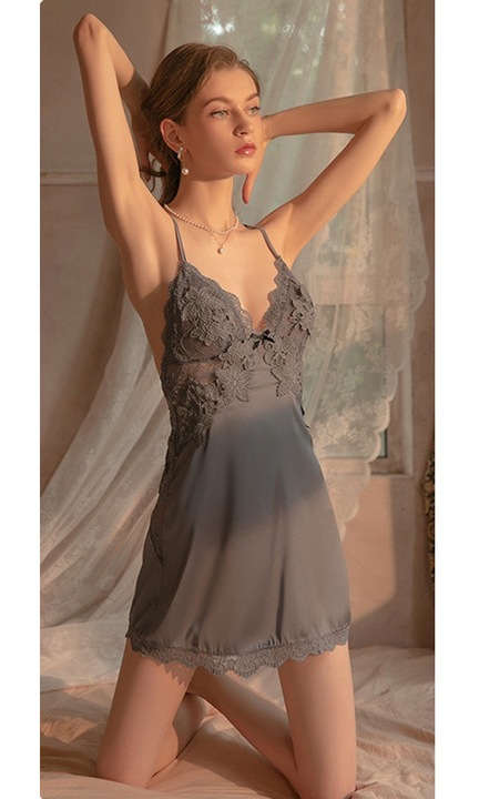 Jormftte szatén hálóing, csipke, V-nyakú, szürke, fehérnemű