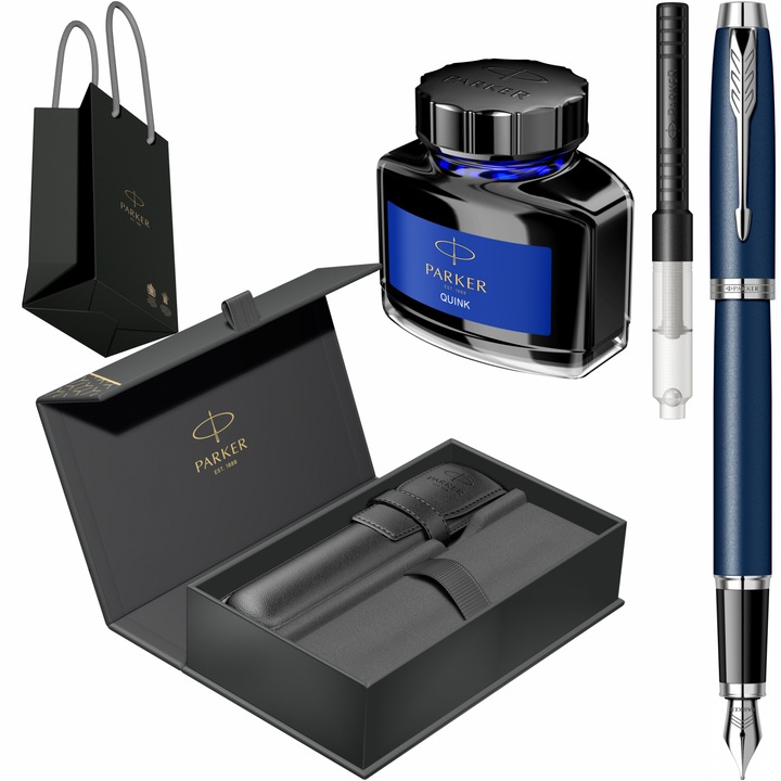 Stilou Parker IM Royal Matte Blue CT cu gravura laser inclusa, convertor standard Parker, calimara cerneala Parker, cutie cu etui Royal IV Collection si punga Parker