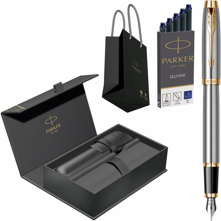 Stilou Parker IM Royal Brushed Metal GT cu gravura laser inclusa, cartuse lungi Parker Quink 5 buc, cutie cu etui Royal IV Collection si punga Parker