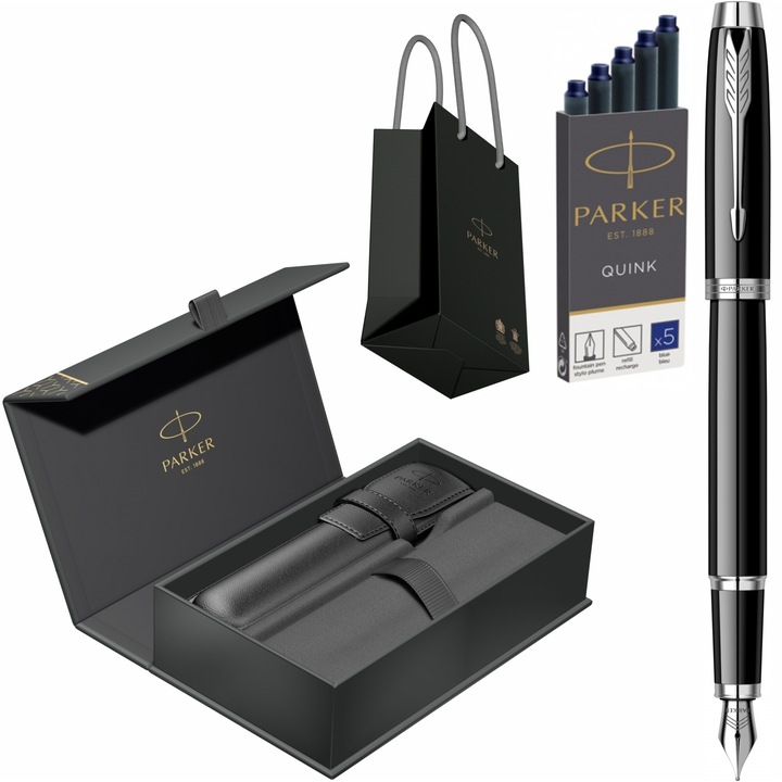 Stilou Parker IM Royal Black Lacquer CT cu gravura laser inclusa, cartuse lungi Parker Quink 5 buc, cutie cu etui Royal IV Collection si punga Parker