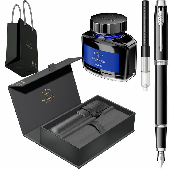 Stilou Parker IM Royal Black Lacquer CT cu gravura laser inclusa, convertor standard Parker, calimara cerneala Parker, cutie cu etui Royal IV Collection si punga Parker