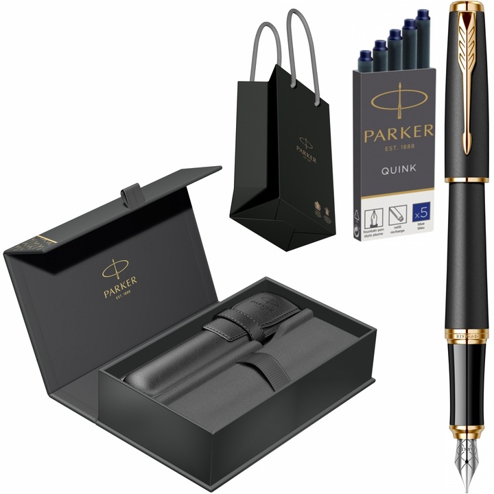 Stilou Parker Urban Royal Muted Black GT cu gravura laser inclusa, cartuse lungi Parker Quink 5 buc, cutie cu etui Royal IV Collection si punga Parker