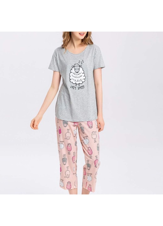 Jormftte pizsama szett, pamut, szürke, virágmintás, rövid ujjú, capri nadrág, 2XL INTL