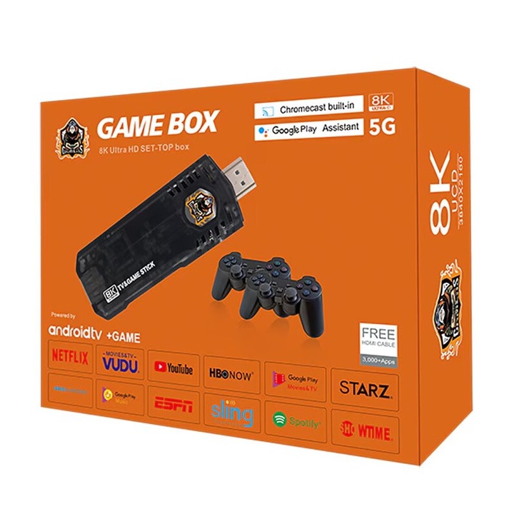 Конзола за игри Smart Android, Game Console 8K Ultra HD + HDR, Quant Core, Google Assistant, Chromecast Integrated, HDMI, Netflix Access, YouTube, 10 000+ ретро и модерни игри с безжичен контролер, 2 включени джойстика