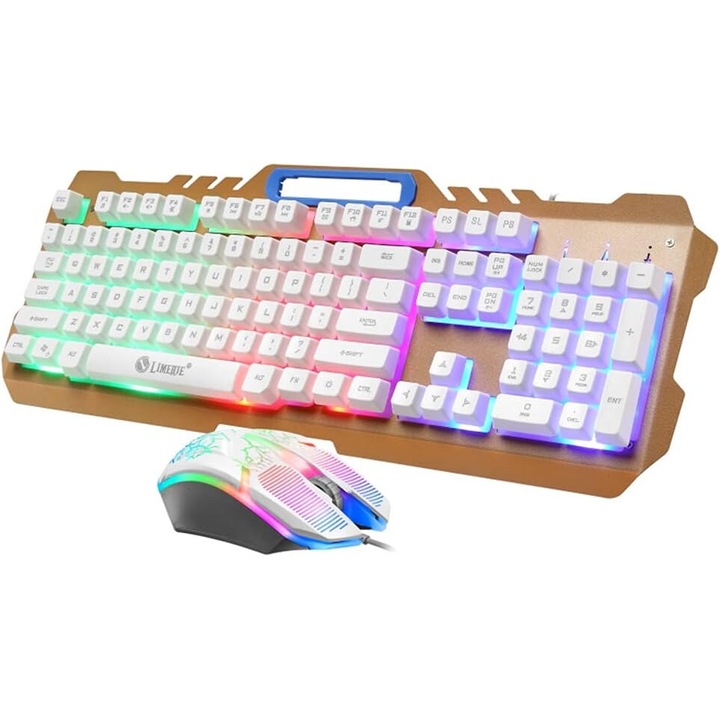 Set Tastatura si Mouse USB Wired cu Iluminare LED, 104 Taste, Alb, Design Ergonomic