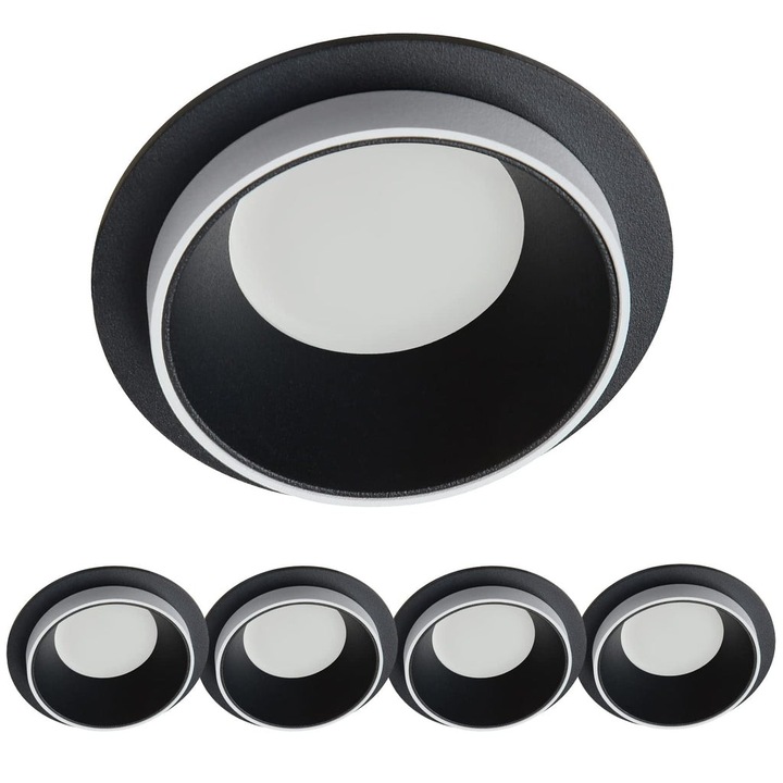 Комплект LED спот за вграждане YanFeiYit, 5 бр, кръгли, 230 V, 68 mm, черни, регулируеми, модул GU10, 3000 K, топло бяло, 5 w, 430 lm
