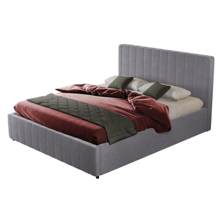 Pat tapitat Maldive, cadru lemn si pal, 90x200 cm, gri, cu somiera fixa