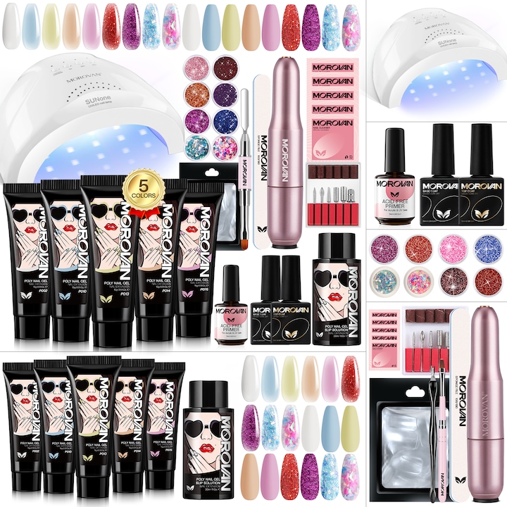 Стартов комплект за гел лак, Morovan, 6 цвята, UV лампа, топ лак и базов лак