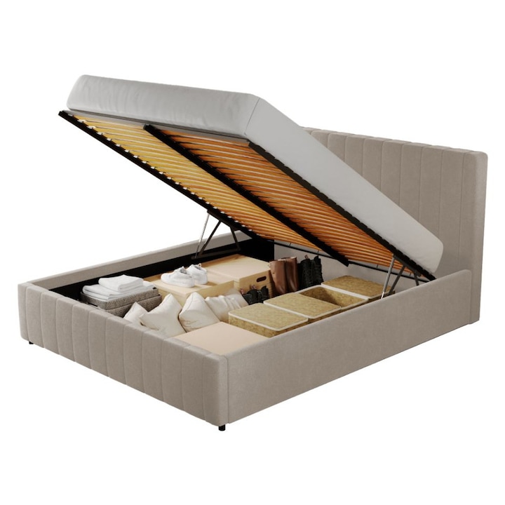 Pat dublu tapitat Maldive, cadru lemn si pal, 160x200 cm, crem, cu somiera rabatabila si lada depozitare