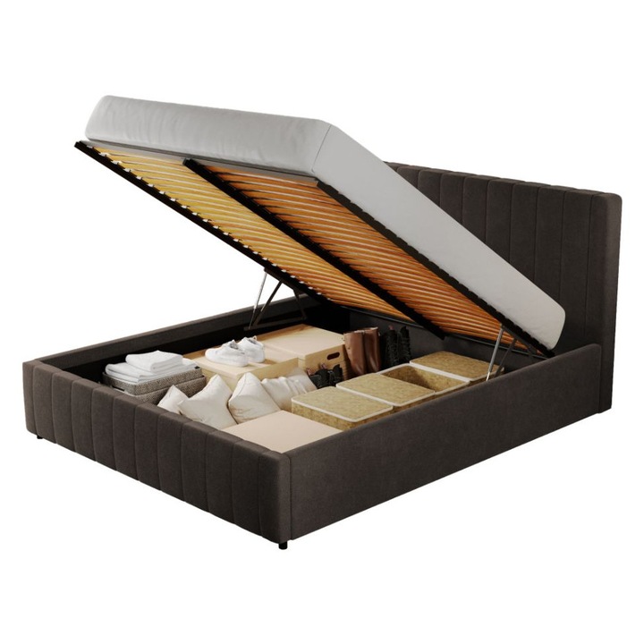 Pat dublu tapitat Maldive, cadru lemn si pal, 140x200 cm, maro, cu somiera rabatabila si lada depozitare