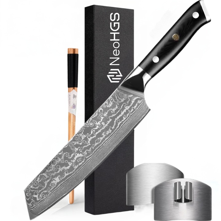 Нож за готвач, професионален японски нож Kiritsuke NeoHGS, дамаска стомана, HRC 60, дължина на острието 19,5 см, 66 слоя, включена кутия, вакуумно темпериране, незалепващо покритие, обезкостяване, резба, предпазител за пръстите