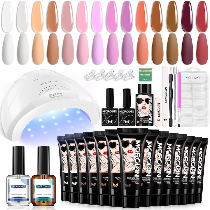 Set Morovan Poly Gel pentru unghii, 14 piese, gel de extensie, solutie de alunecare, multicolor