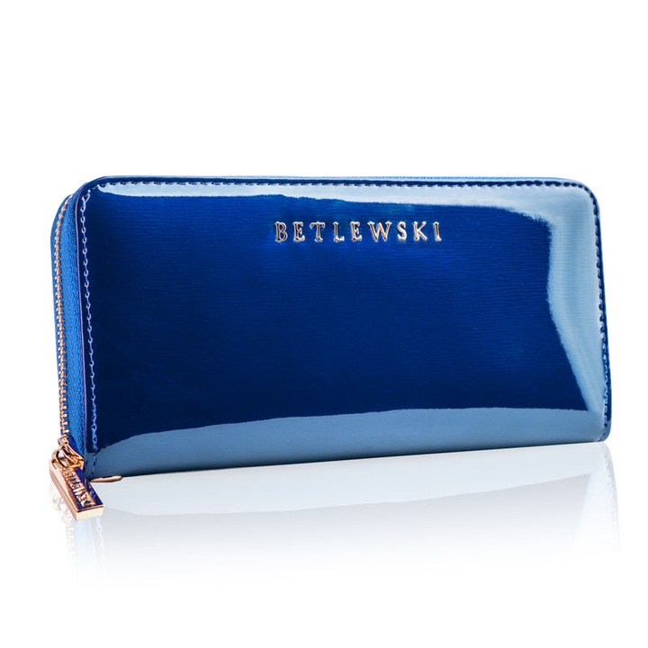 Portofel dama, Betlewski, Royal, Piele naturala, piele lacuita, cu blocare RFID, portofel mare, cu fermoar, 8 Compartimente, 19.5x9.5x2.5cm, albastru