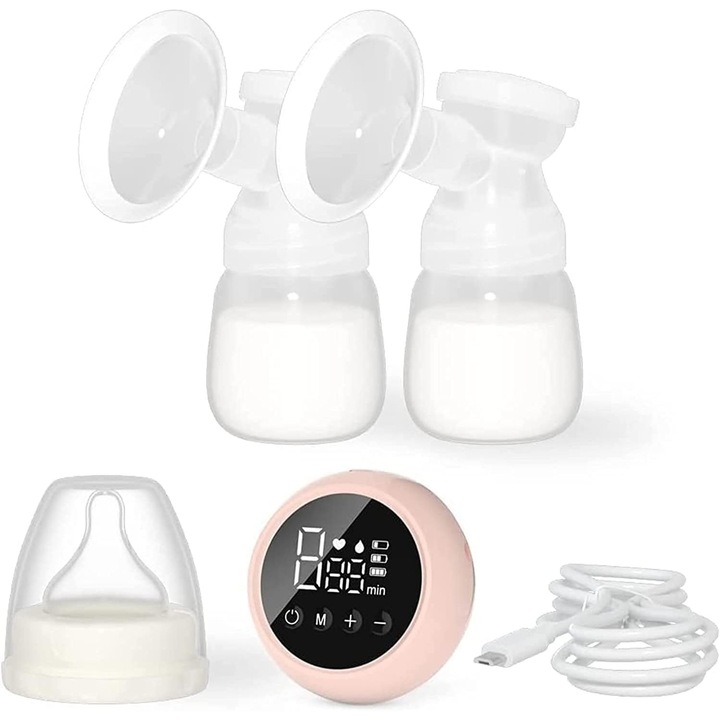 Електрическа помпа за кърма 2 в 1, Flippy, с 2 бутилки, Капацитет 180 ml, USB тип C зареждане, 1200 mAh, 2 режима, 9 скорости, Прозрачно розово