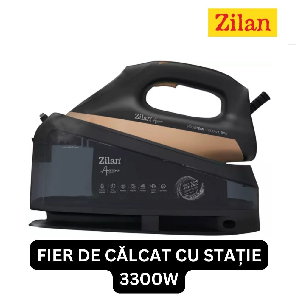 Fier de calcat Aurum cu statie Zilan ZLN4261 Negru, putere 3000W, incalzire in 35 secunde, sistem de auto oprire