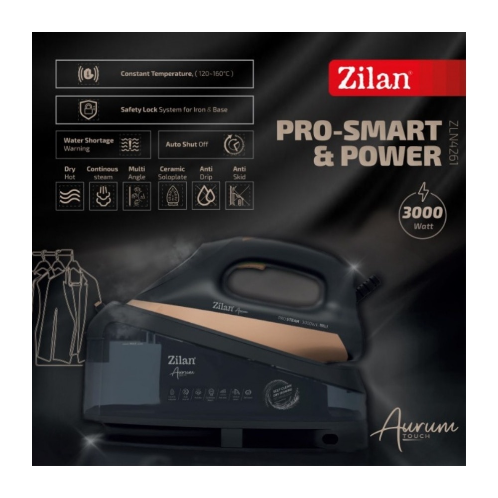 Fier de calcat Aurum cu statie Zilan ZLN4261 Negru, putere 3000W, incalzire in 35 secunde, sistem de auto oprire