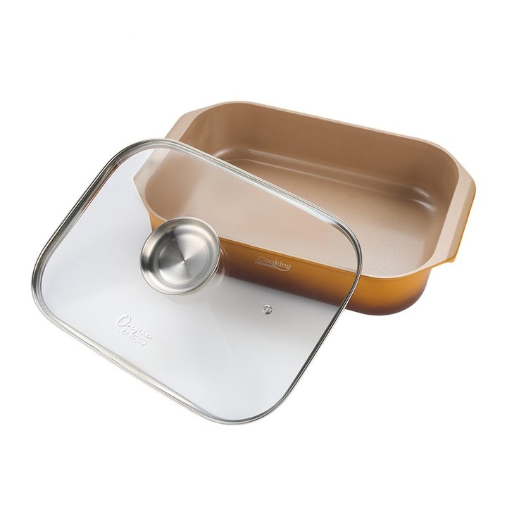 Tava inalta cu capac, aluminiu turnat cu acoperire ceramica, dimensiune 39 x 26 x 8.5 cm, capacitate 6L, baza inductie