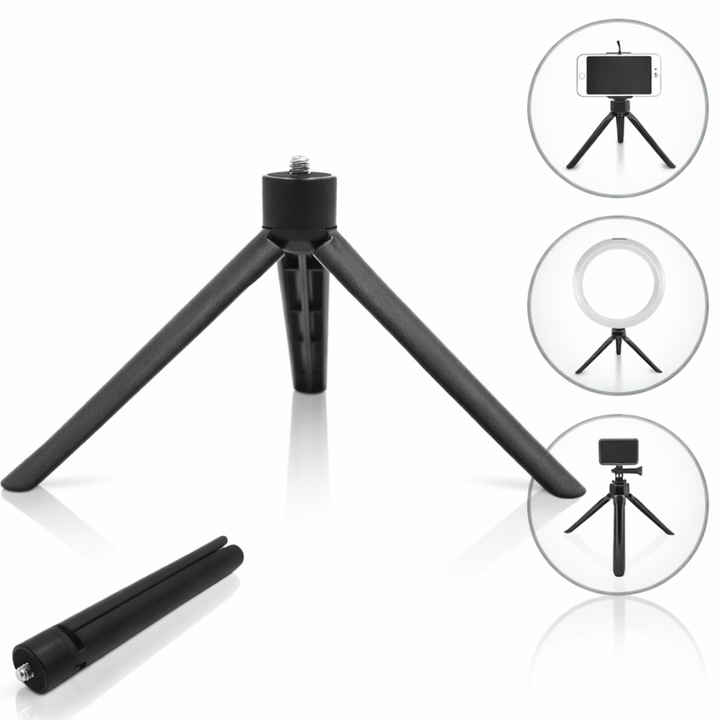 Mini Trepied pentru Telefon, Aparate Foto si Video Macvi® cu Lampi Circulare, Portabil, Pliabil, Ergonomic, Negru