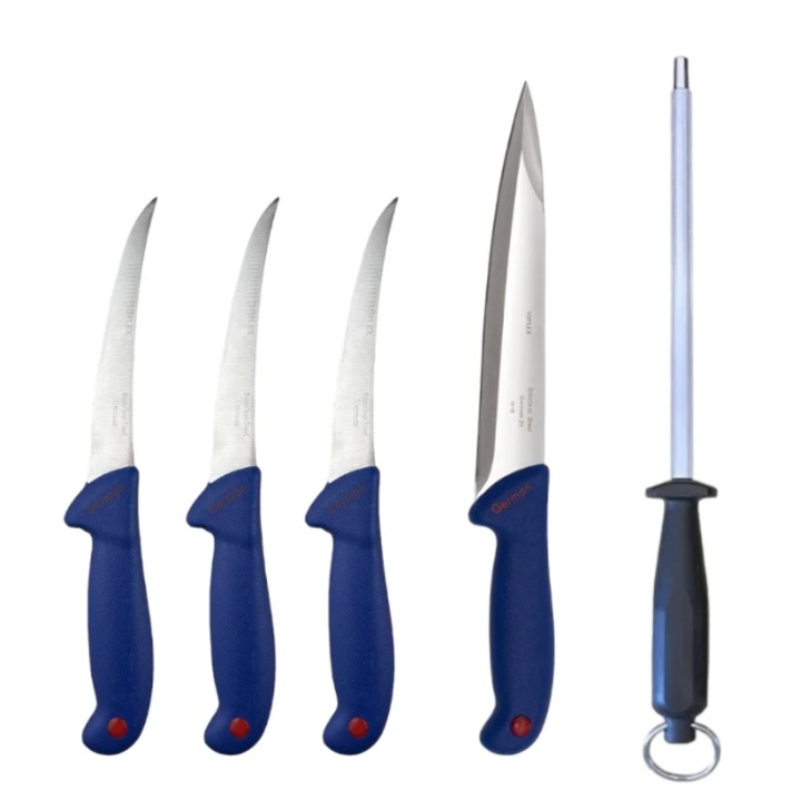 Set 4 cutite profesionale de macelarie plus pila ascutit rotunda