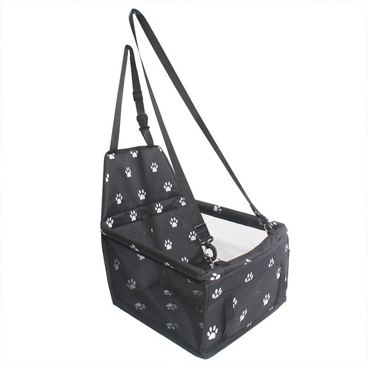 Scaun auto pentru animale de companie, caini si pisici, cu prindere de scaun si centura de siguranta, negru cu imprimeu, 40 x 32 x 42 cm