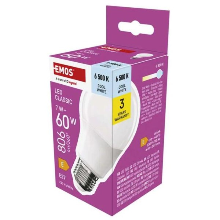 LED крушка Emos Classic A60 / E27 / 7 W (60 W) / 806 lm / Студено бяла ZQ5E44 1525733121