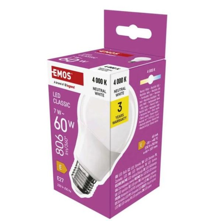 LED крушка Emos Classic A60 / E27 / 7 W (60 W) / 806 lm / Натурално бяла ZQ5E43 1525733472