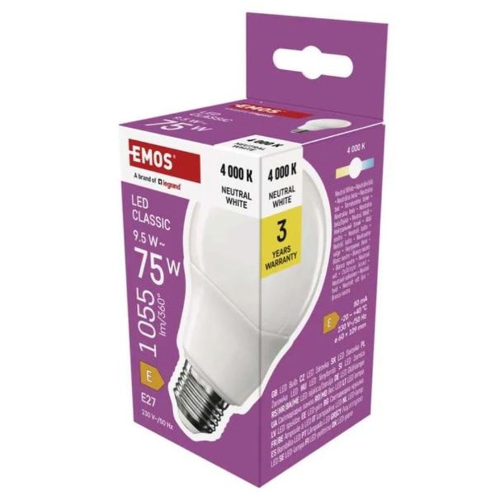 Emos LED крушка Classic A60 / E27 / 9.5 W (75 W) / 1055 lm / Натурално бяла ZQ5E53 1525733473