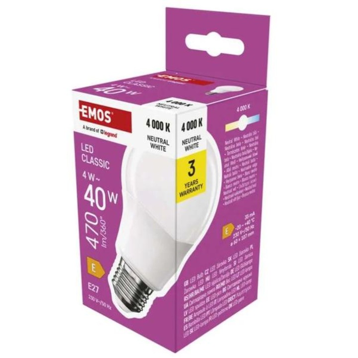 Emos LED izzó Classic A60 / E27 / 4 W (40 W) / 470 lm / Természetes fehér ZQ5E23 1525733470
