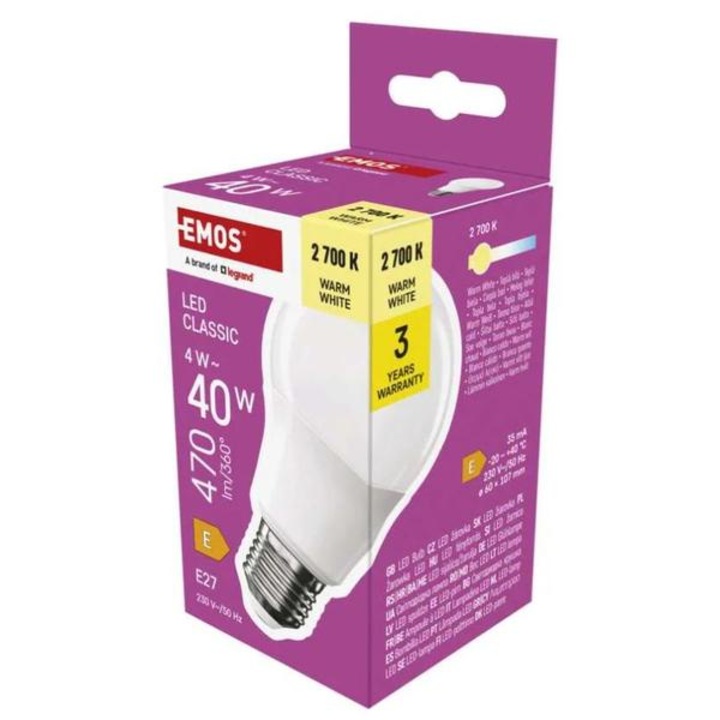 LED крушка Emos Classic A60 / E27 / 4 W (40 W) / 470 lm / топло бяла ZQ5E21 1525733277
