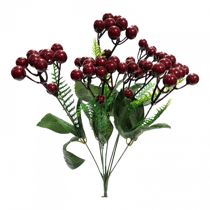 Flori artificiale, buchet 7 fire, ilex, 32 cm, grena