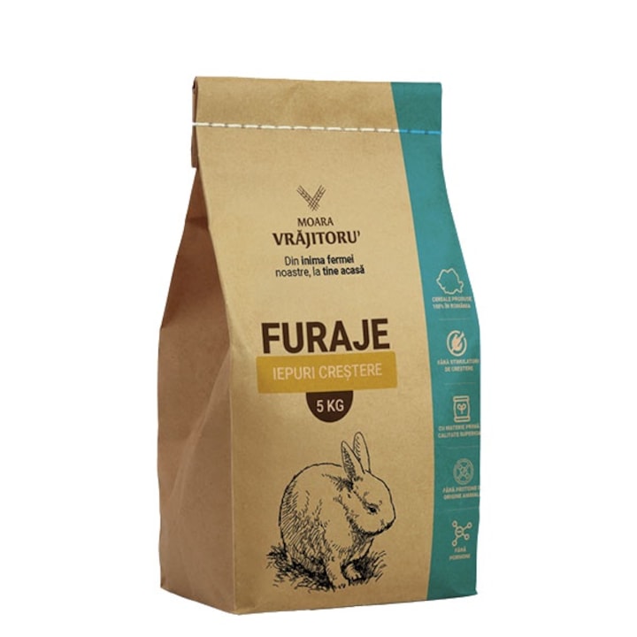 Furaj natural iepuri crestere, granulat, 16% proteina, 13% fibre, 5 kg, Moara Vrajitoru'