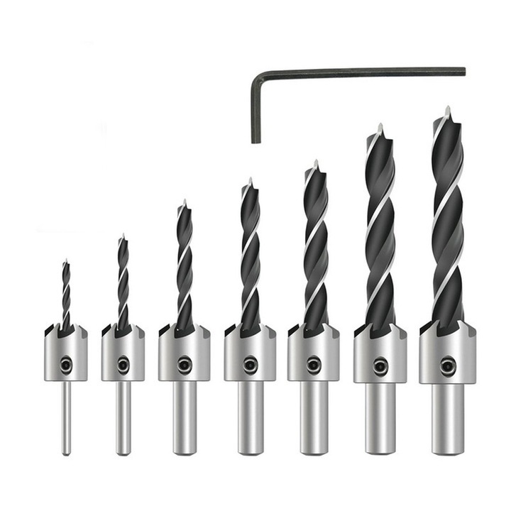 Set burghie conice pentru lemn, Yakumuz, 7 piese, 3mm-10mm, cu surub hexagonal de 1/4", inclusa cheie Allen