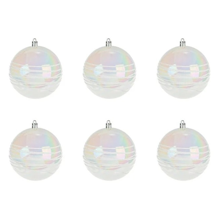 Set 6 globuri brad Craciun Antbro® albe irizate cu dunga cu glitter, 10cm