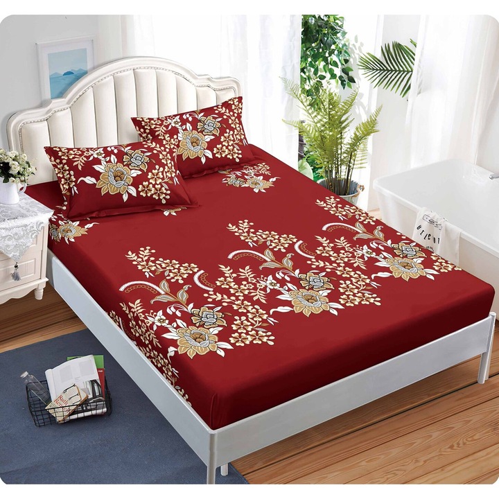 Set Cearceaf de pat cu elastic 160x200 cm si 2 fete de perna 50x70cm, din bumbac finet, cu imprimeu flori, rosu inchis