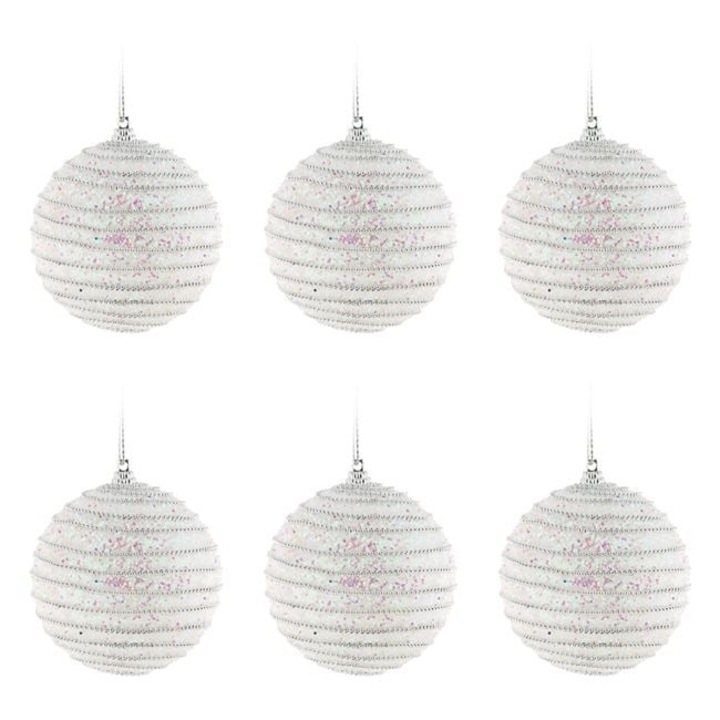 Set 6 globuri brad Craciun Antbro® din spuma, irizate argintii cu siret, 8cm
