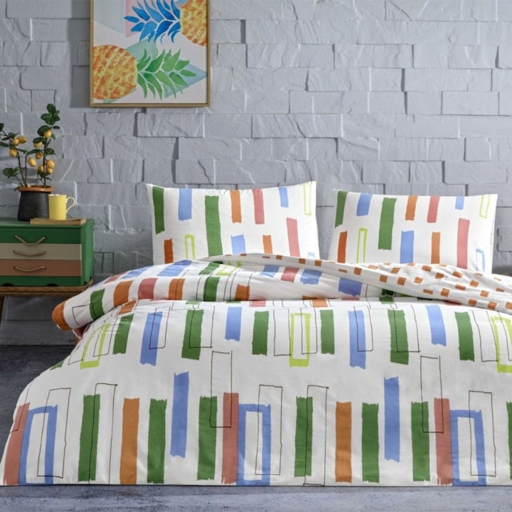 Lenjerie de pat dublu, bumbac 100% ranforce, cearsaf de pat cu elastic 160x200 cm, 4 piese, TAC, Legrand Verde