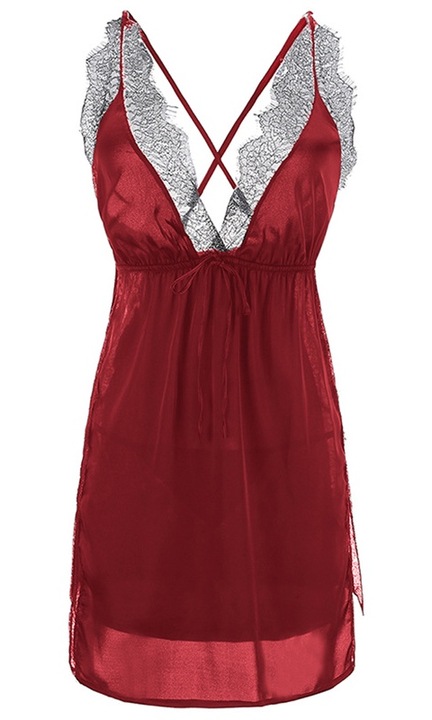 Дамска нощница, дантела, странична цепка, Червена, S
