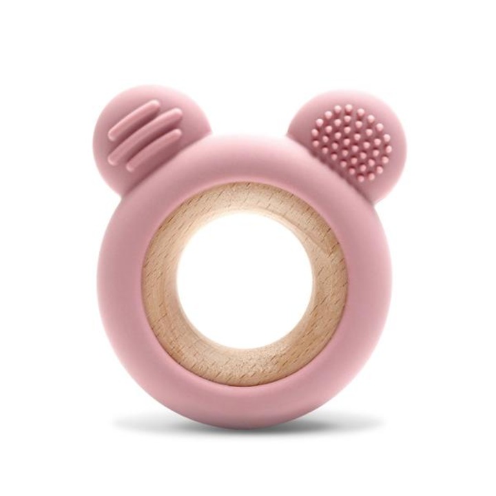 Jucarie de dentitie, Lorelli, din silicon si lemn de fag, 0 luni+, Bear Pink