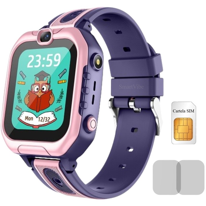Детски смарт часовник GPS тракер MiniWATCH, eKiD15 4G видео разговор, приемане/осъществяване на HD разговор, SIM, Лилав