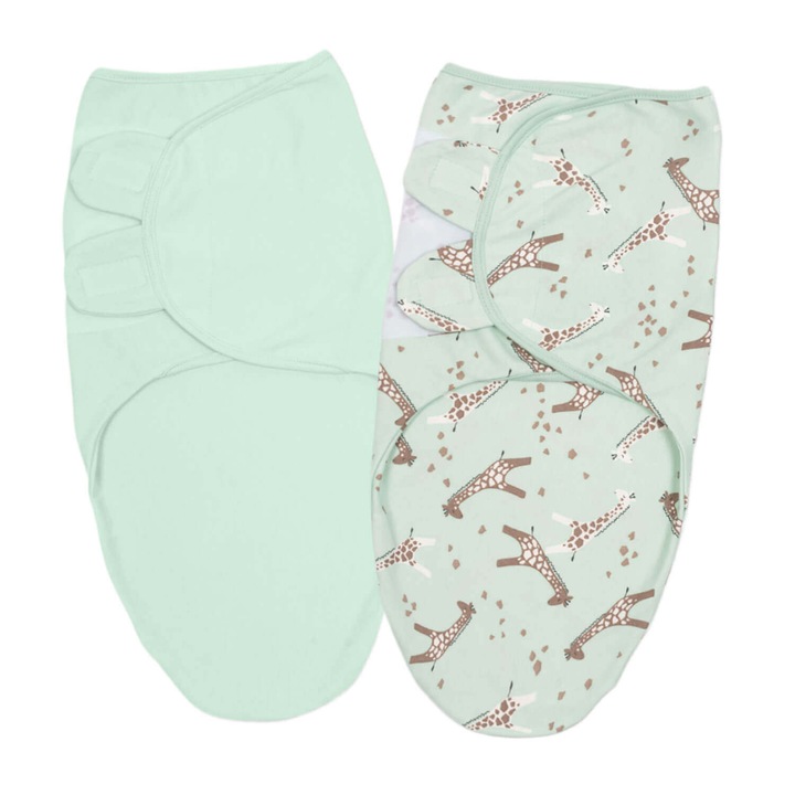 Set 2 sisteme de infasat reglabil din bumbac 0-3 luni Kidizi® Giraffe Mint, 100% bumbac