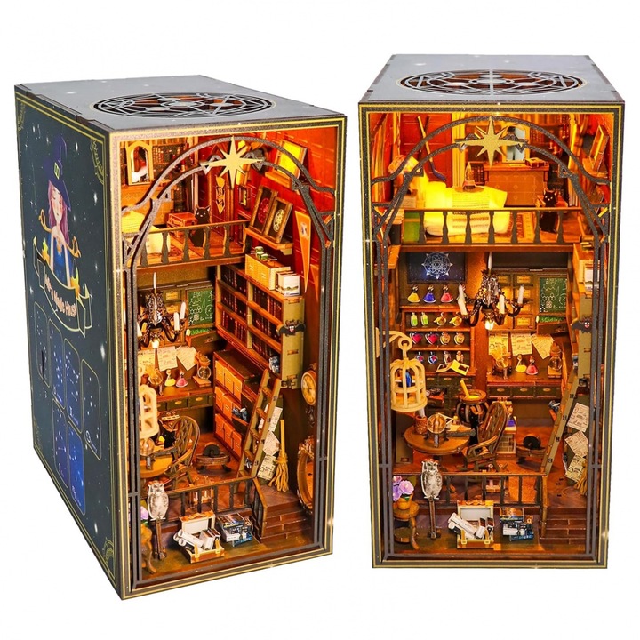 Комплект Book Nook - Направи си сам миниатюрна къща с LED светлини, 3D дървен пъзел, библиотечен декор, Размери: 17,8 x 10,2 x 24,2 cm
