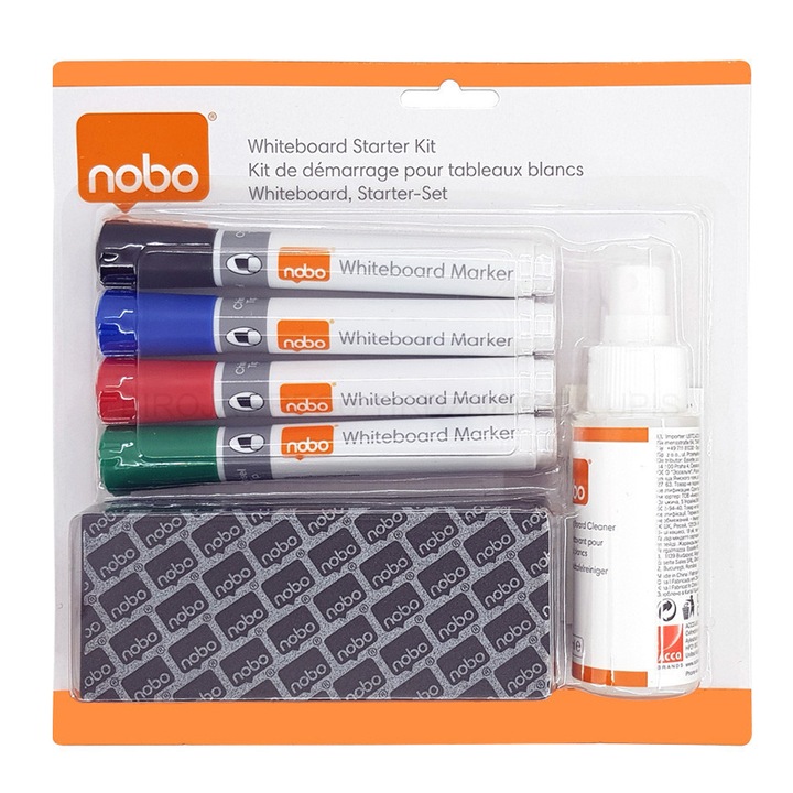 Kit pentru tabla NOBO, 4 markere diverse culori, burete magnetic, spray curatare 50 ml
