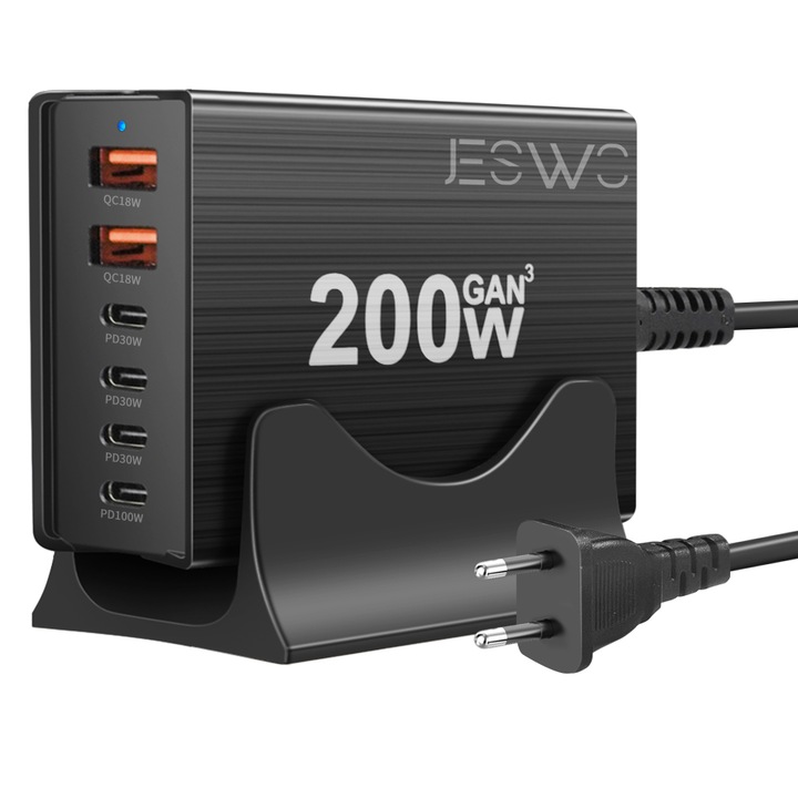 JESWO 200W töltőállomás, 6 az 1-ben, 4 USB-C port, 2 USB-A port, fekete, 8,5x6,3x3,2 cm