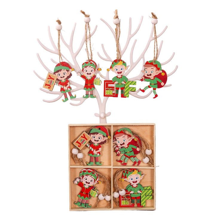 Set 12 Decoratiuni de Craciun din Lemn, Leski, cu Snur pentru Agatare in Brad, Model Elfi Diferite Dimensiuni, 4 Modele, Multicolor