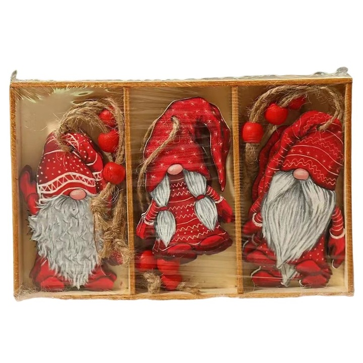 Set 9 Decorațiuni de Crăciun din Lemn, 3 modele, Rosu, Diferite dimensiuni