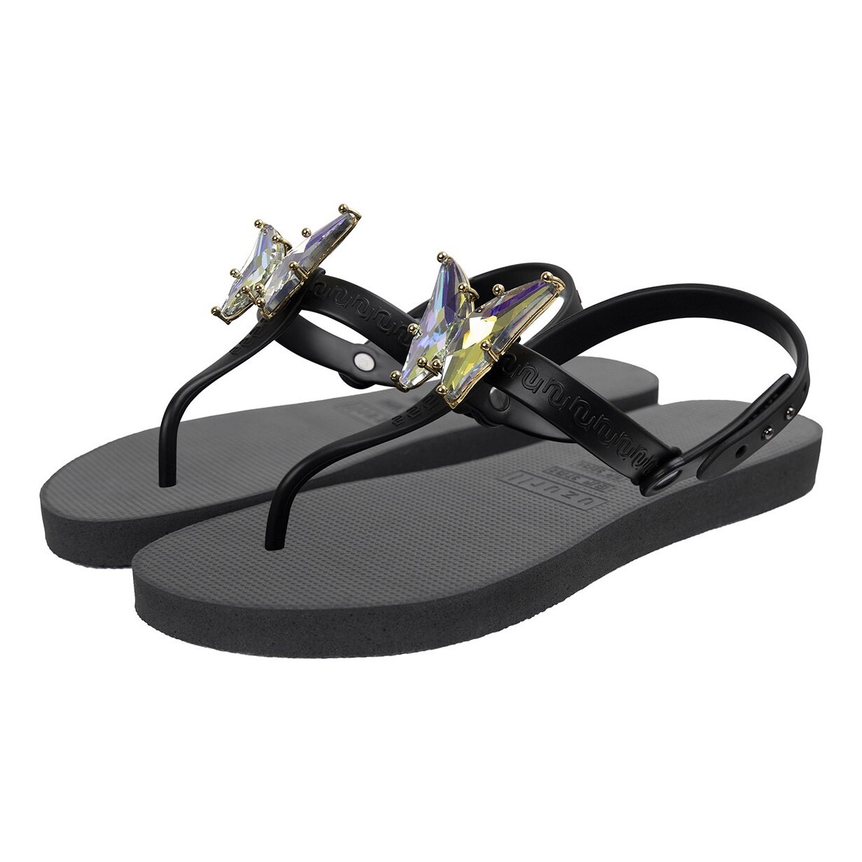 Uzurii, Sandale cu bareta T si strasuri in forma de fluture, Negru, 41-42