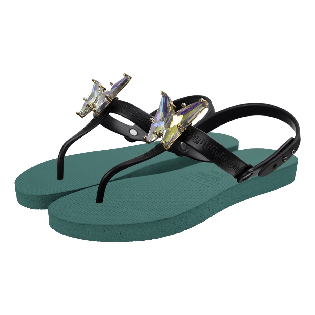 Uzurii, Sandale cu bareta T si strasuri in forma de fluture, Verde aquamarin, 35-36