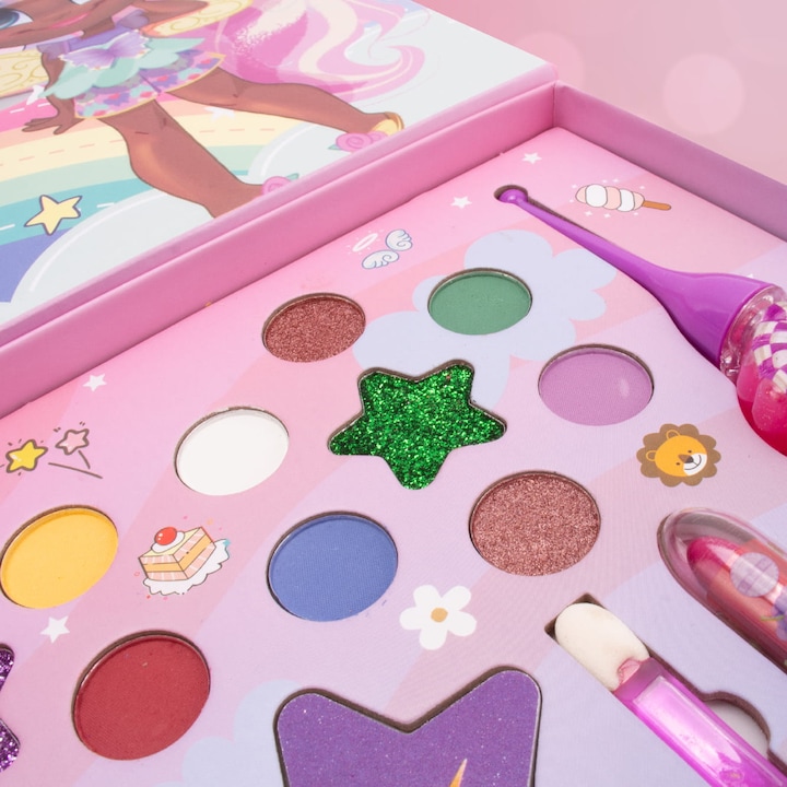 Set De Machiaj Cu Bijuterii, Sun Baby, Paleta De Umbre, Ruj, Stickere Pentru Unghii, Calitate Ridicata A Constructiei, Durata Lunga De Viata, Oglinda, Pentru Copii, 3 Ani+, Multicolor